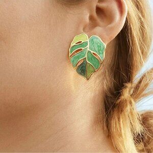 Green stud earrings , green leaf earrings , green enamel earrings , big green